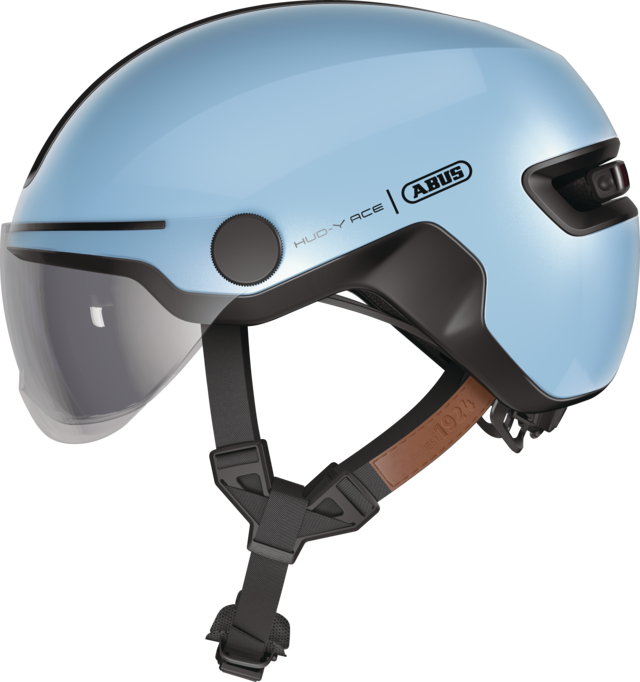 Fahrradhelm Abus HUD-Y ACE Stylischer Fahrradhelm mit Visier und Weitwinkel LED-Rücklicht. – Helmheld