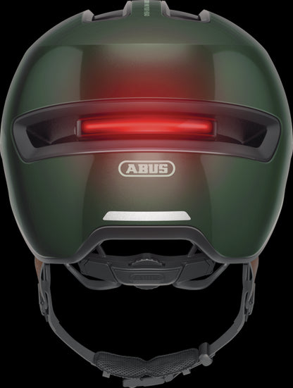 Fahrradhelm Abus HUD-Y ACE Stylischer Fahrradhelm mit Visier und Weitwinkel LED-Rücklicht.