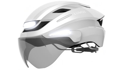 LUMOS Ultra E-Bike MIPS - Seitenansicht in Lunar White mit Frontlicht und Visier